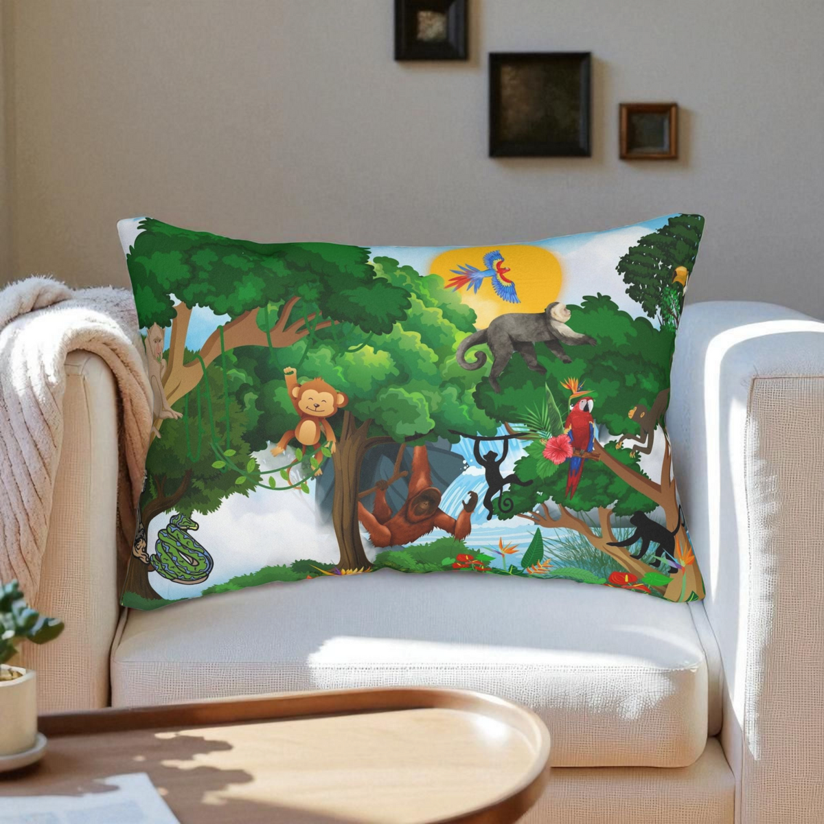 Jungle Adventure Lumbar Pillow - Colorful Wildlife Decor Printify