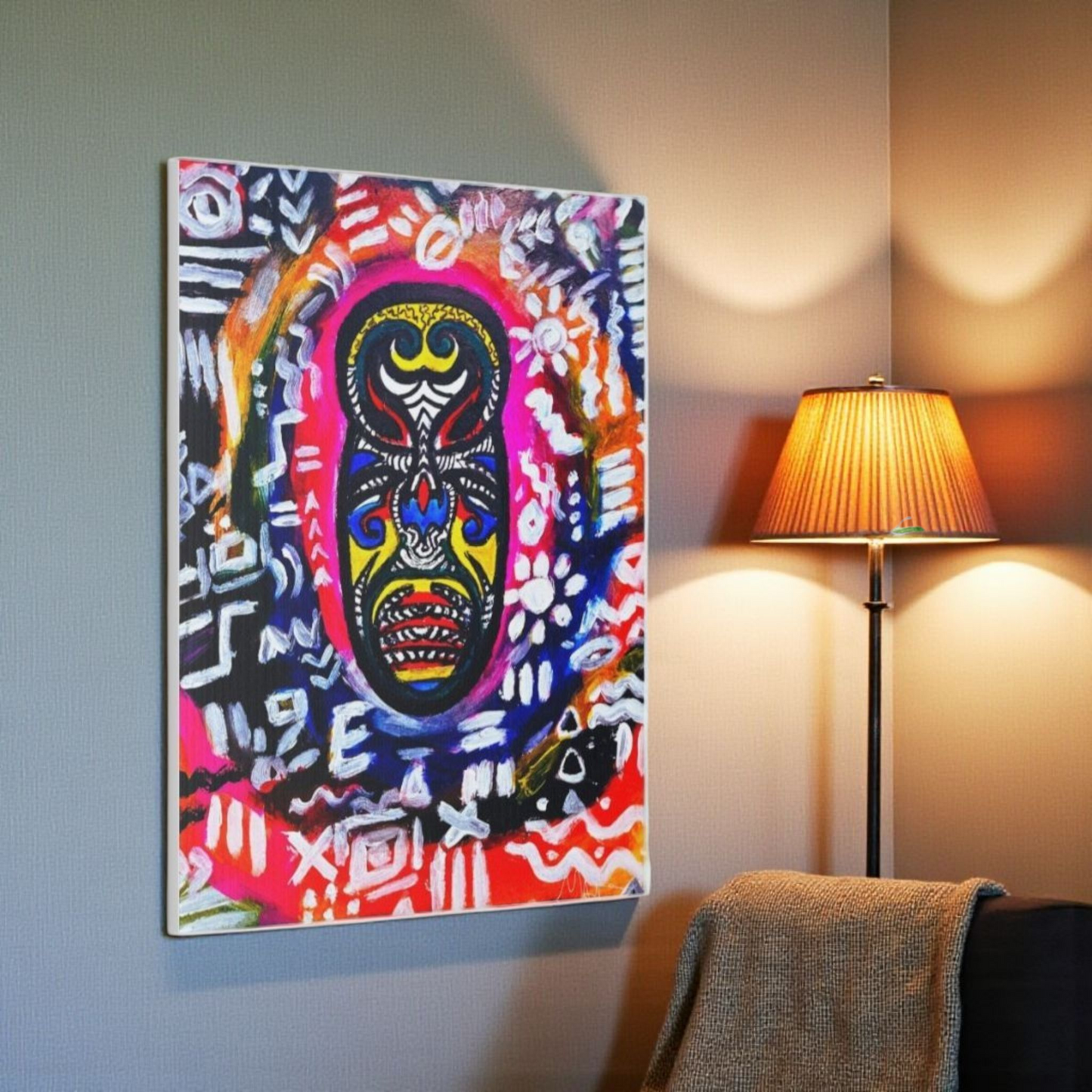 Artisan Tribal Mask Painting on Matte Stretched Canvas, Eco-Friendly Wall Art for Home Decor