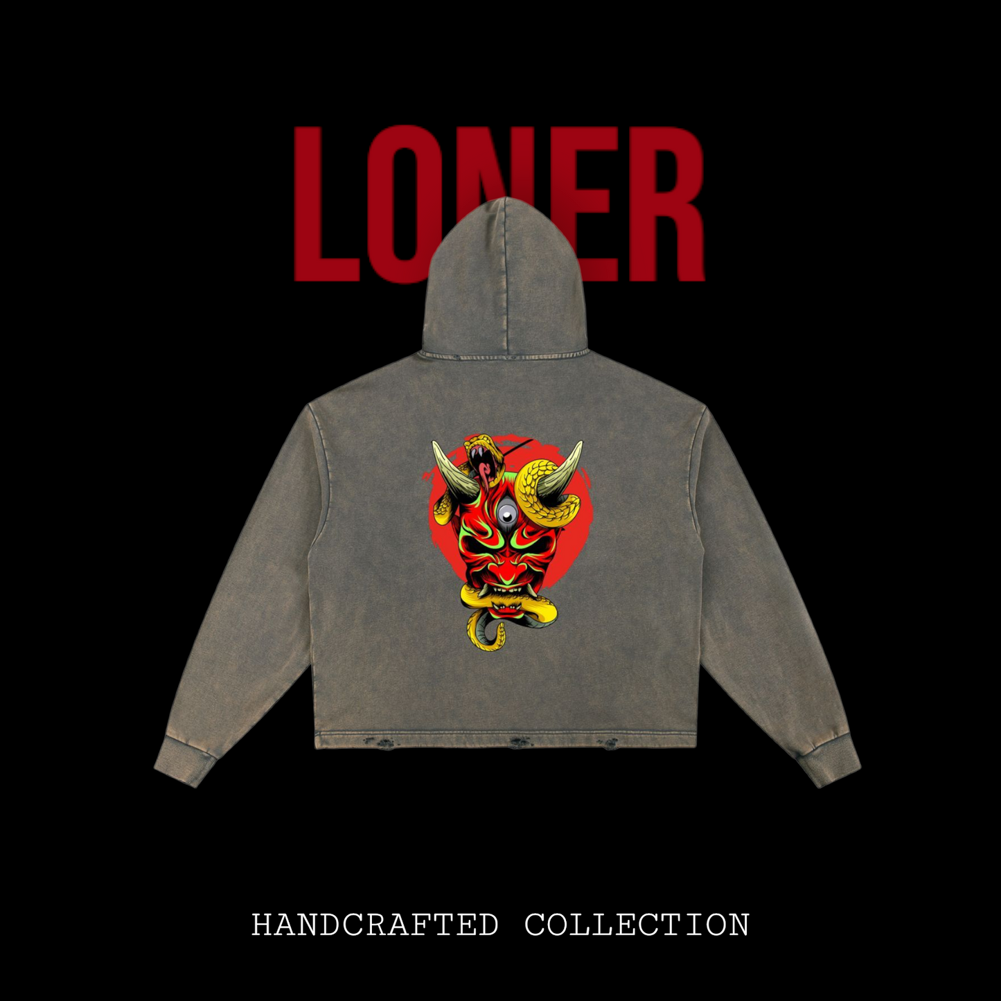 Samurai Menpo Graphic Vintage Washed Frayed-Hem Hoodie