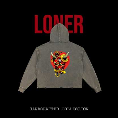 Samurai Menpo Graphic Vintage Washed Frayed-Hem Hoodie