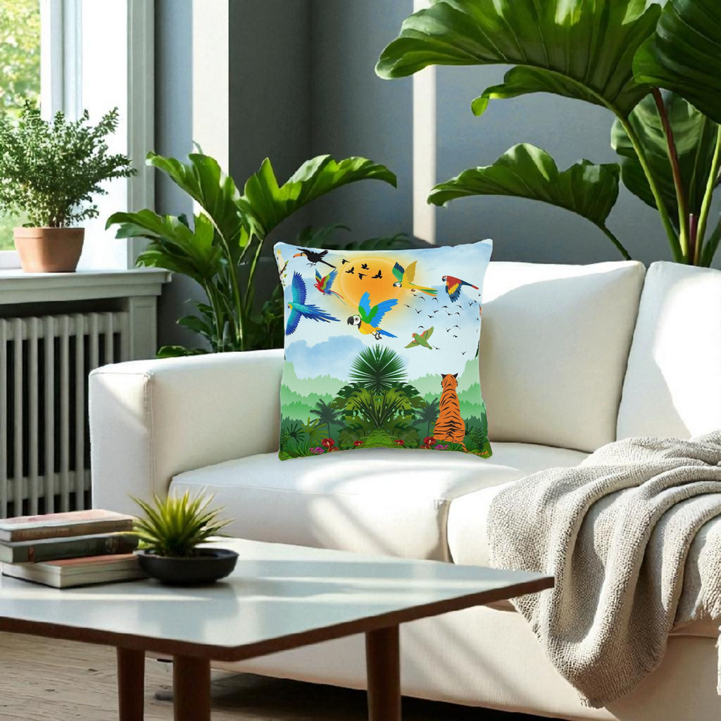 Tropical Jungle Square Pillow — Colorful Parrots & Tiger Decorative Throw Pillow Printify