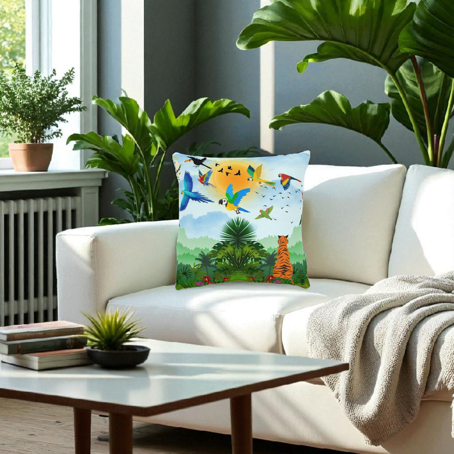 Tropical Jungle Square Pillow with Vibrant Wildlife Design