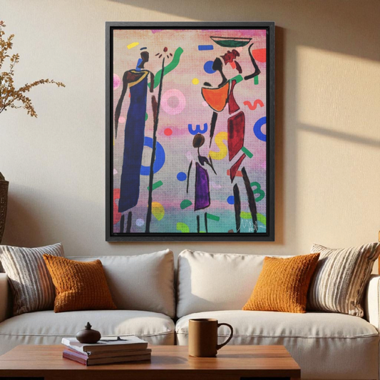 Tribal African Family Sketch - Handcrafted Wall Art, Authentic Home Decoration, Vertical Frame