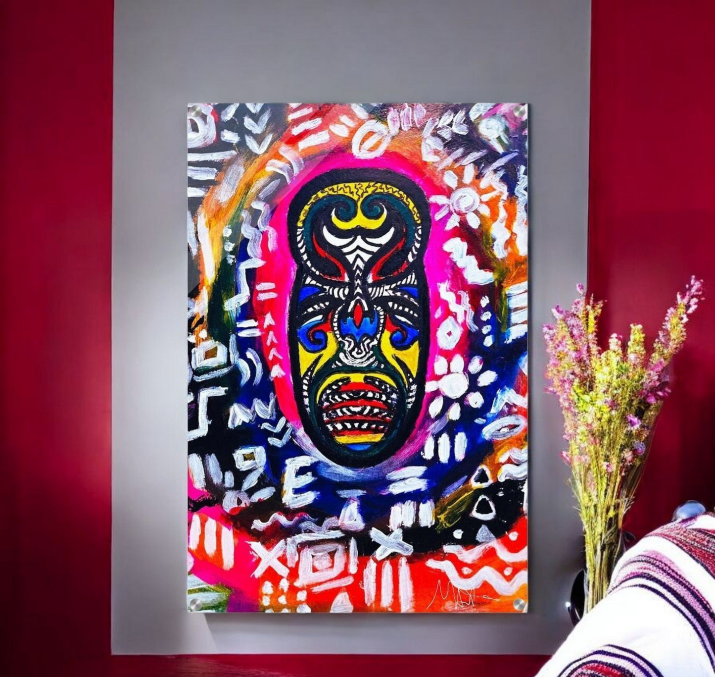 Vibrant Tribal Mask Painting,  Acrylic Print - Authentic Handcrafted Decor