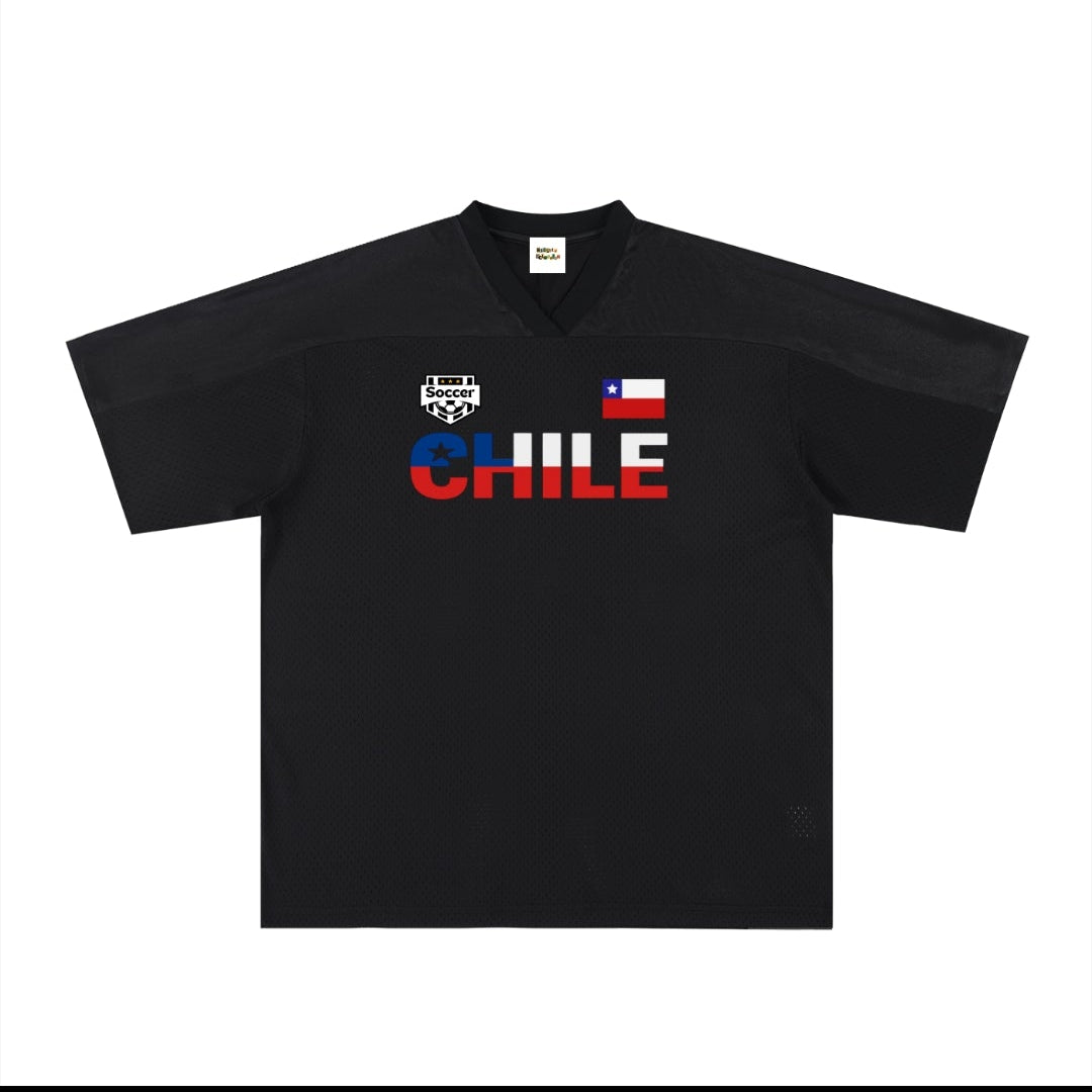 Chile Flag Themed Graphic Mesh V-Neck Soccer Jersey