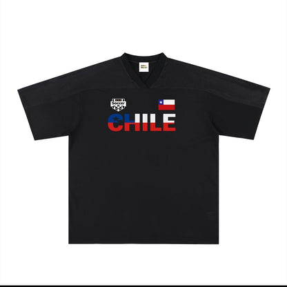 Chile Flag Themed Graphic Mesh V-Neck Soccer Jersey