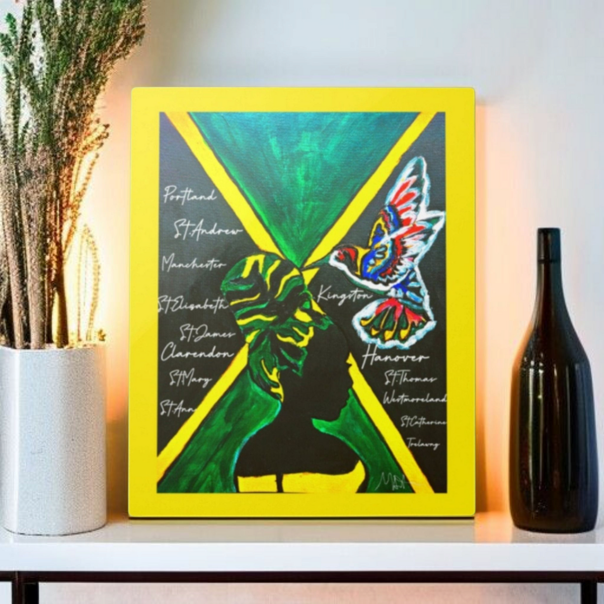 Handcrafted Ethnic Wall Art - Jamaican Female Portrait with Flag Colors, Cultural Home Accent Teespring