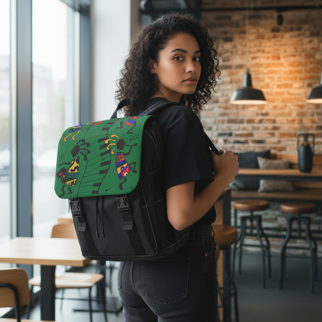 Afro Music Cartoon Backpack, Handcrafted Unisex Shoulder Bag for Casual Use