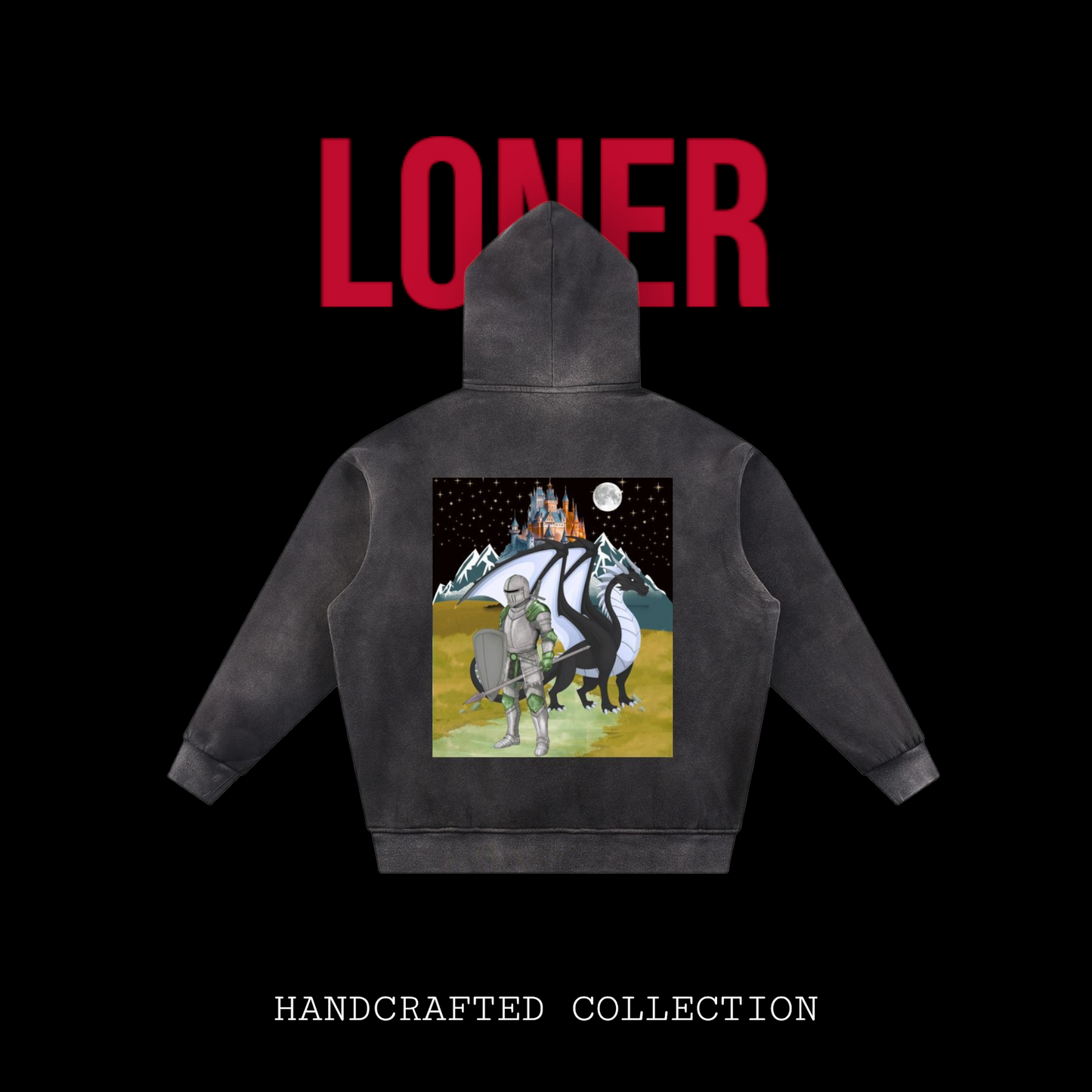 Medieval Knight and Dragon Graphic Hoodie, Sun Fade Contrast Tape Fleece Hoodie