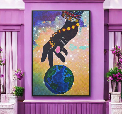 Cosmic Ethnic Wall Art - Handcrafted Astronomical Painting, Unique Space-Themed Decor, Vertica Frame