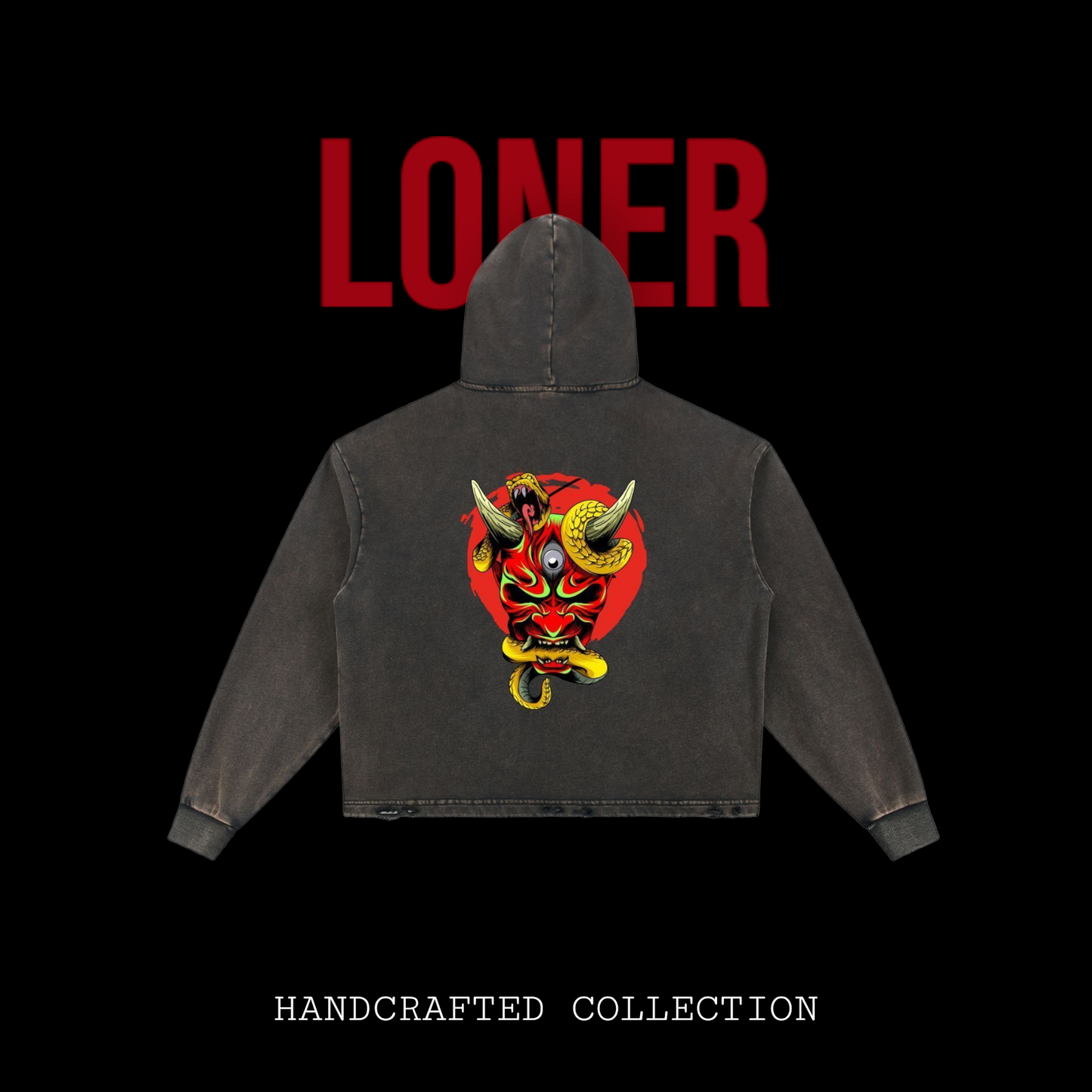 Samurai Menpo Graphic Vintage Washed Frayed-Hem Hoodie