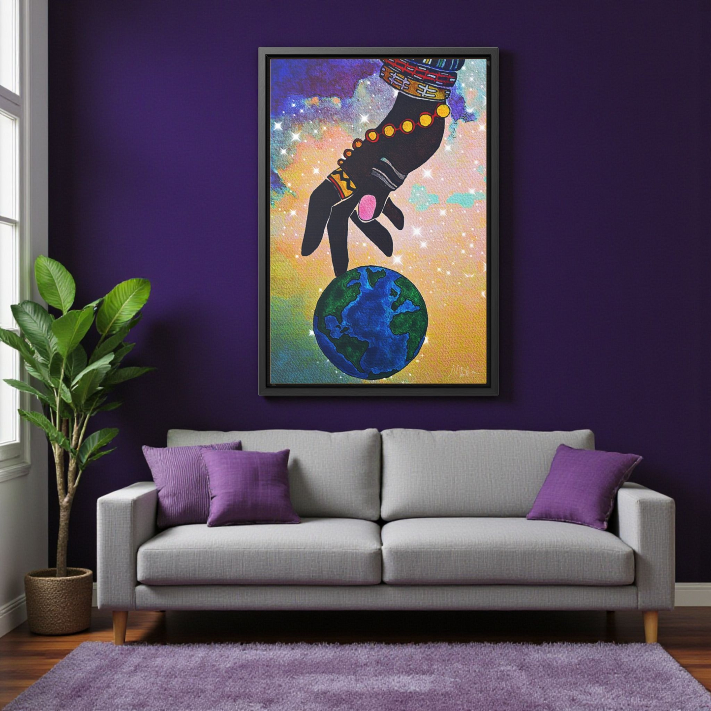 Cosmic Ethnic Wall Art - Handcrafted Astronomical Painting, Unique Space-Themed Decor, Vertica Frame