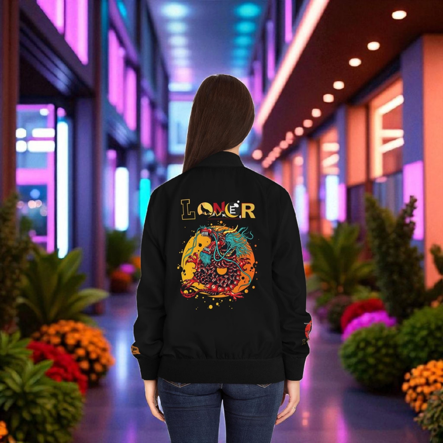Dragon Graphic Women's Bomber Jacket, Mythical All Over Design, Zip Up Outerwear