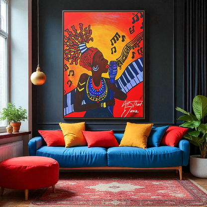 Original Painting, Afro Music Art Gallery Canvas, Jazz Singer Painting Vertical Frame, Black History Decor, Musician Portrait