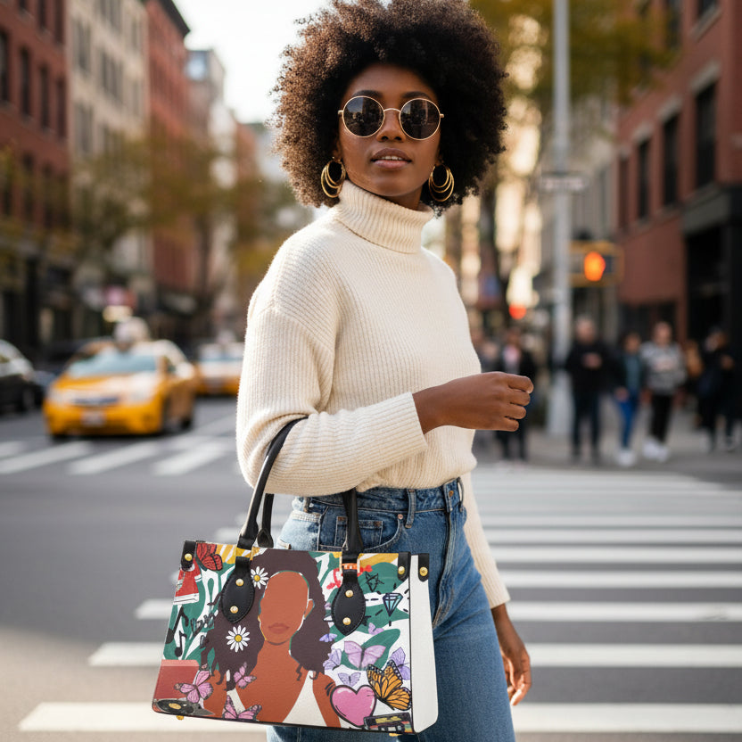 Afro Art and Music Inspired Graphic Women's Tote Bag With Black Handle Yoycol