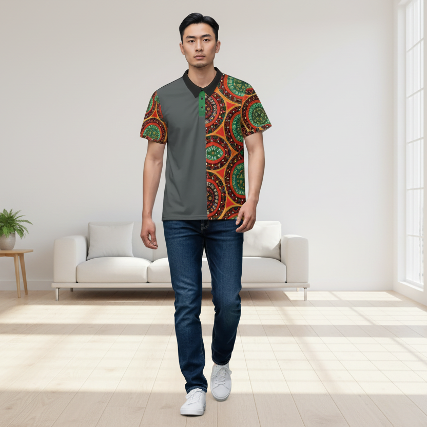 African Mandala Print Polo Shirt — Bold Orange & Green Tribal Pattern