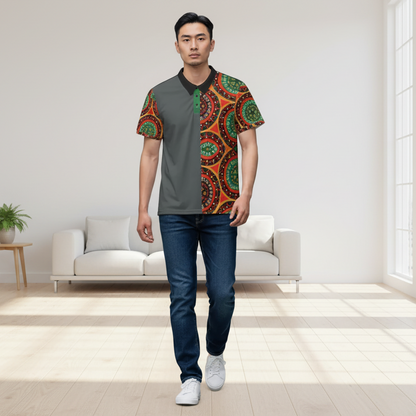 African Mandala Print Polo Shirt — Bold Orange & Green Tribal Pattern