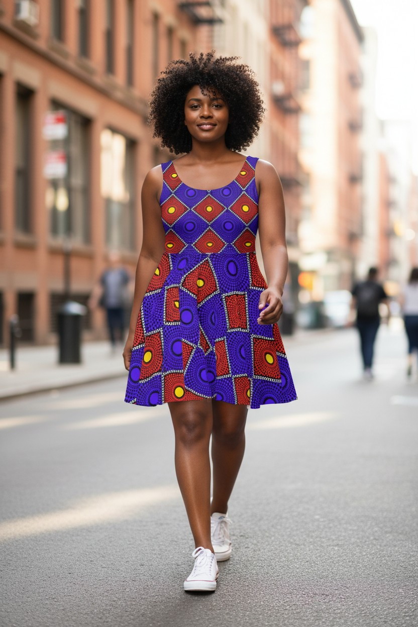 African Wax Print Skater Dress — Bold Purple & Red Geometric Pattern
