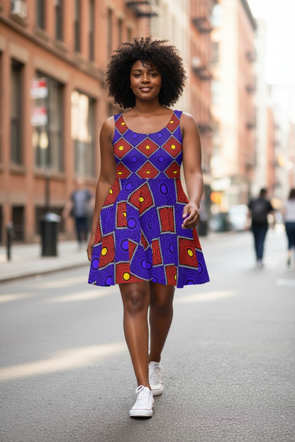 African Wax Print Skater Dress — Bold Purple & Red Geometric Pattern
