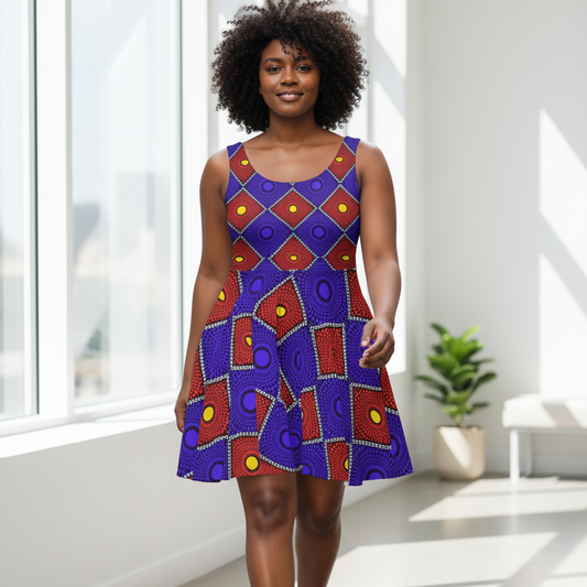 African Wax Print Skater Dress — Bold Purple & Red Geometric Pattern