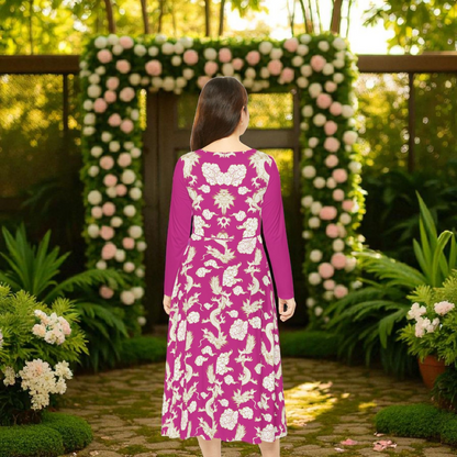 Pink Floral & Gragon Print Long Sleeve Dance Dress | Boho Style, Vintage Inspired