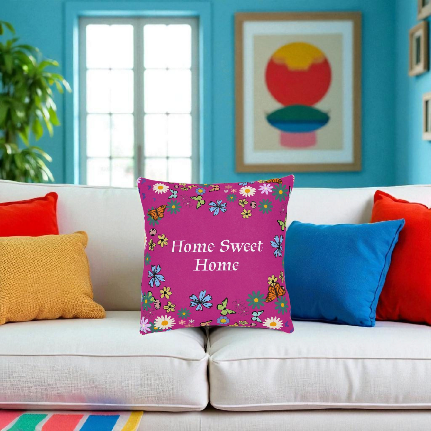 Floral Home Sweet Home Square Pillow - Cozy Decor for Living Room & Bedroom