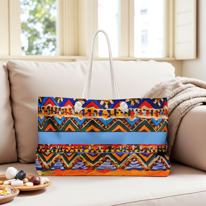Artisanal Aztec Weekender Tote - Large, Sturdy Beach Bag with Thick Rope Handles