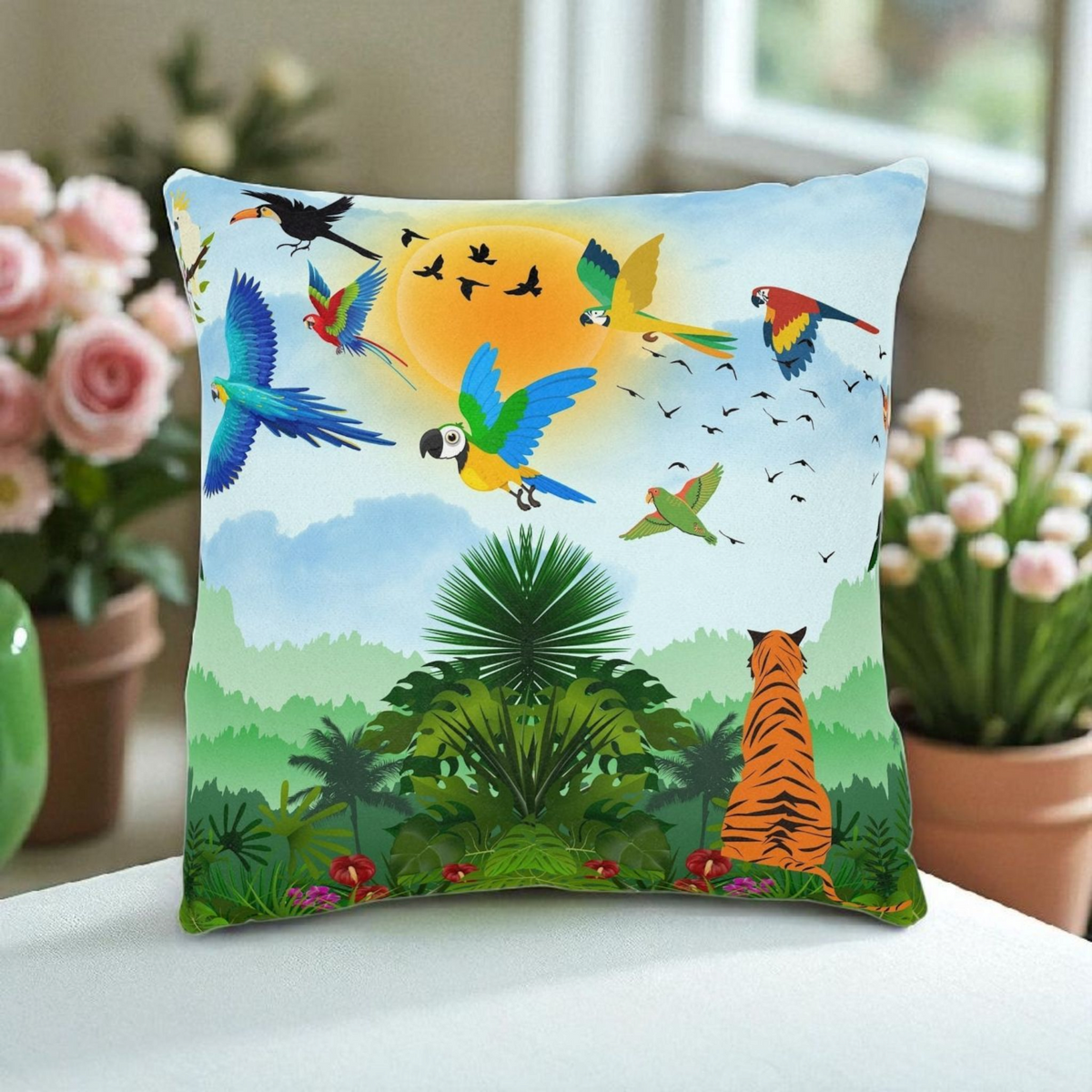 Tropical Jungle Square Pillow — Colorful Parrots & Tiger Decorative Throw Pillow Printify