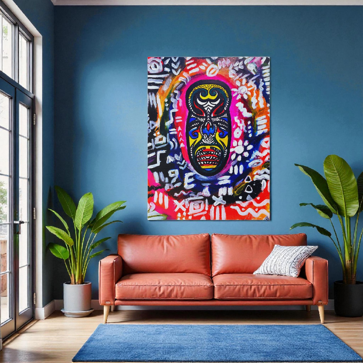 Artisan Tribal Mask Painting on Matte Stretched Canvas, Eco-Friendly Wall Art for Home Decor