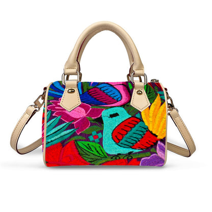 All Over Colorful Botanical and Ornithology Themed Classic Barrel-Shaped PU Leather Handbag