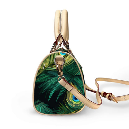 Classic Barrel-Shaped PU Leather Handbag Featuring a Peacock Feather-Inspired Design