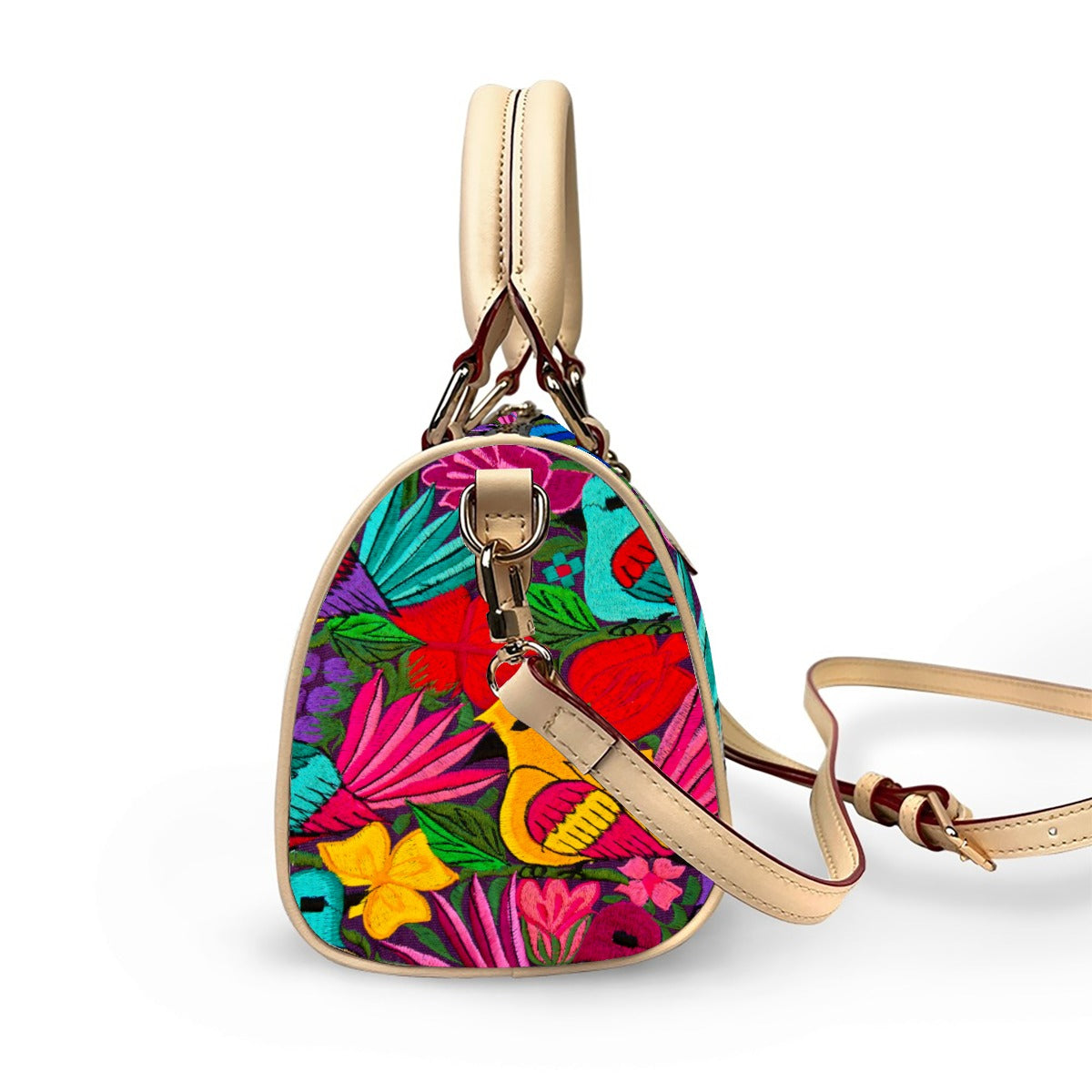 All Over Colorful Botanical and Ornithology Themed Classic Barrel-Shaped PU Leather Handbag